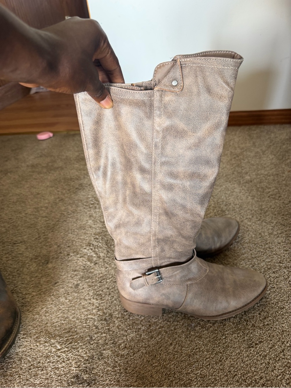Classic Knee-High Buckle Boots in Taupe
